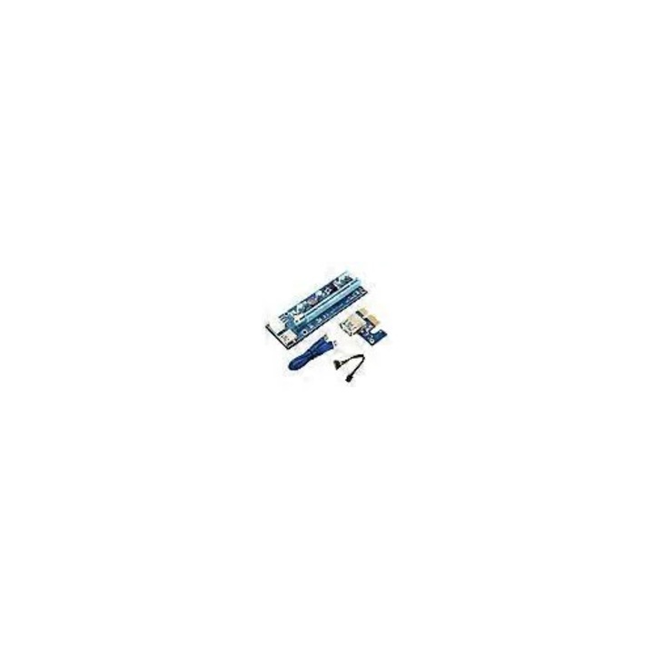Райзер карта PCI-E 009S удължител 1X към 16X, USB3.0 кабел 60см, двойно захранване 6PIN+4PIN, 4 твърди кондензатора, позлатени контакти, SATA 15PIN към 6PIN кабел включен, Син, 1 комплект
