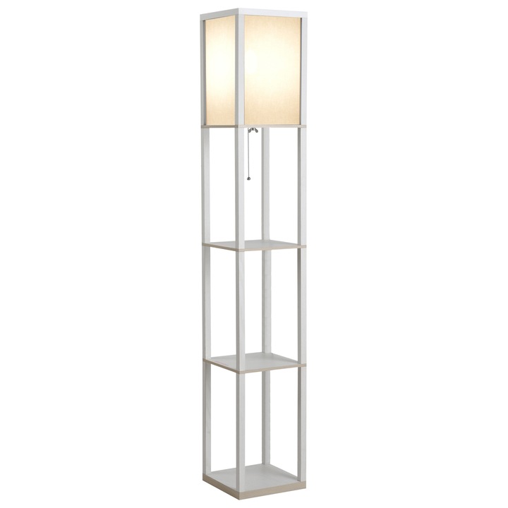 Lampa de podea HOMCOM 40W cu 3 rafturi si intrerupator de picior, din lemn si acrilic, 26x26x160 cm, alba