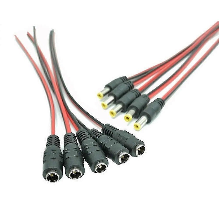 10 darabos készlet, DC 2.1x5.5 mm apa+anya pigtail tápkábel, CCTV kamerákhoz, 27.5 cm, fekete/piros, 12V/24V, 3A