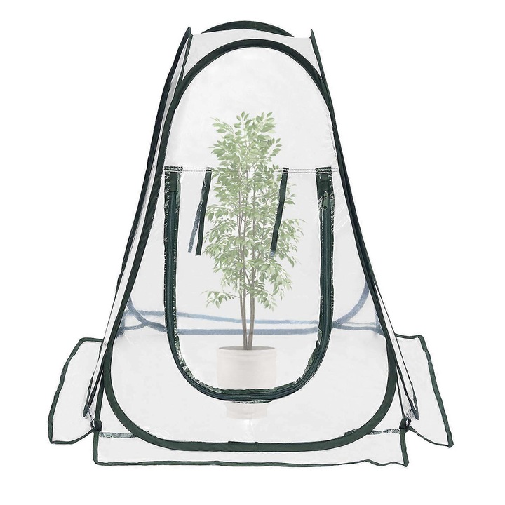 Sera pentru plante mini Piccola, pop-up din PVC transparent, cu fereastra cu fermoar si 4 tarusi din otel, Transparent/Verde, 70 x 70 x 80 cm