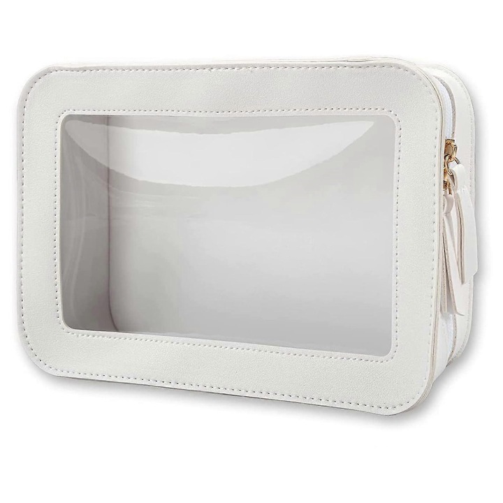 Neceser trusa cosmetica din piele sintetica si PVC transparent, cu fereastra vizibila, impermeabil, portabil pentru calatorie, alb