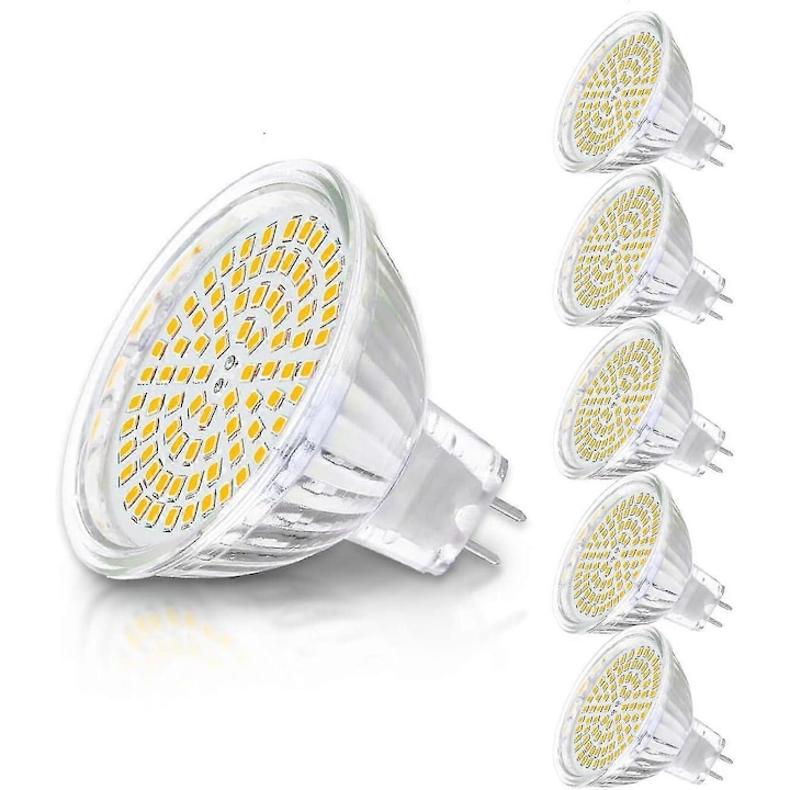 6 darabos szett, MR16 GU5.3 LED izzó, 12V AC/DC, 5W (50W halogénnel egyenértékű), 450 lm, 120° sugárzási szög, nem szabályozható, Meleg fehér 3000K