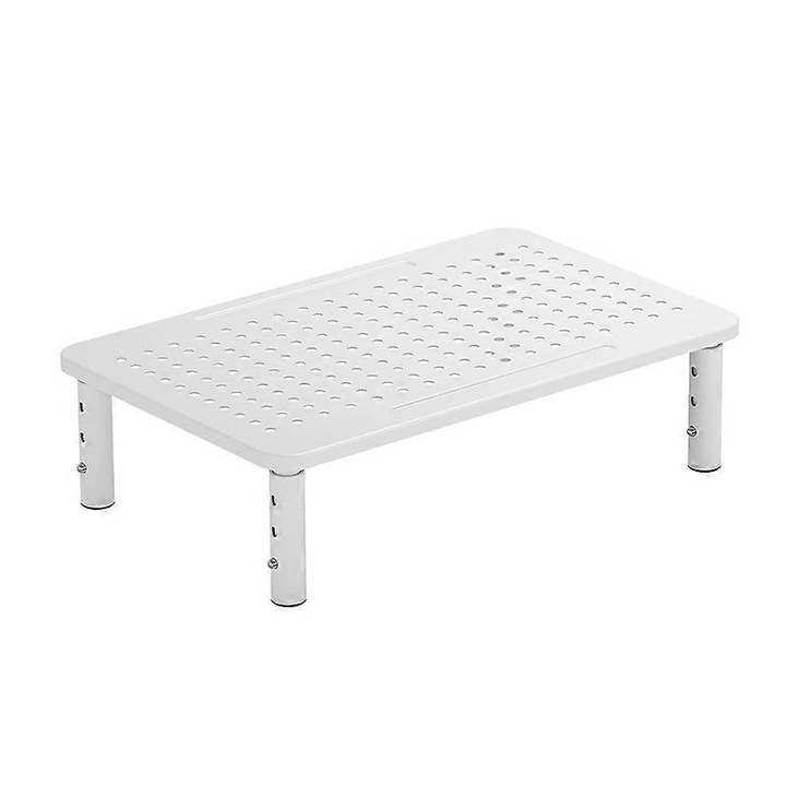 Állítható monitor és laptop tartó, acél és műanyag, szellőző platform lyukakkal, 3 magassági fokozat 100/120/140 mm, teherbírás 20 kg, csúszásgátló, Gyöngyházfehér, 370 x 235 mm