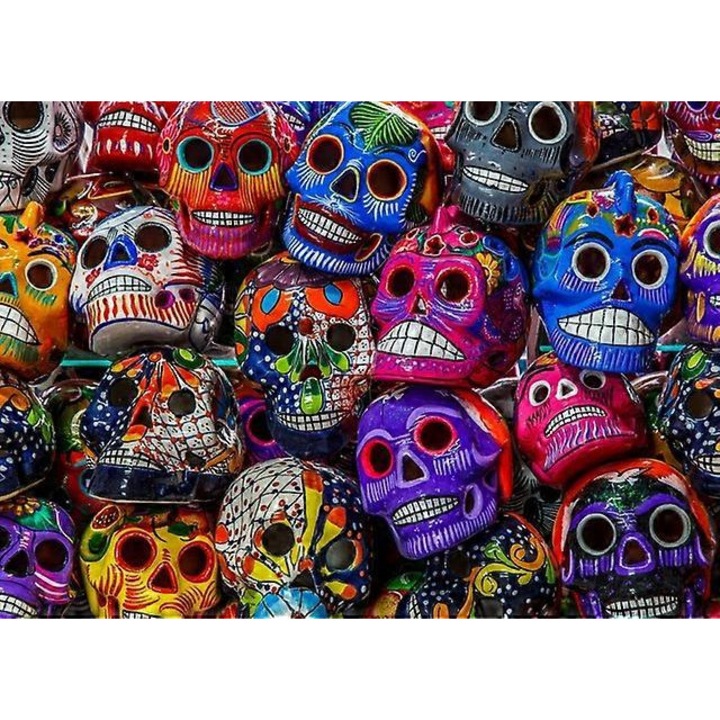 Puzzle kirakó 1000 darabos, Színes koponyák, papírból, nehéz felnőtteknek, 70 x 50 cm, Többszínű, 1 db.