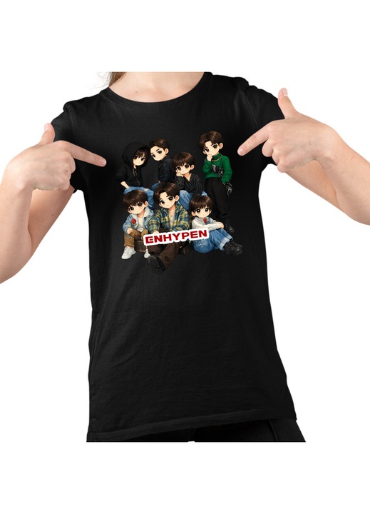 Gyerek Lány Póló Kpop Enhypen Cartoon Merch, Fekete