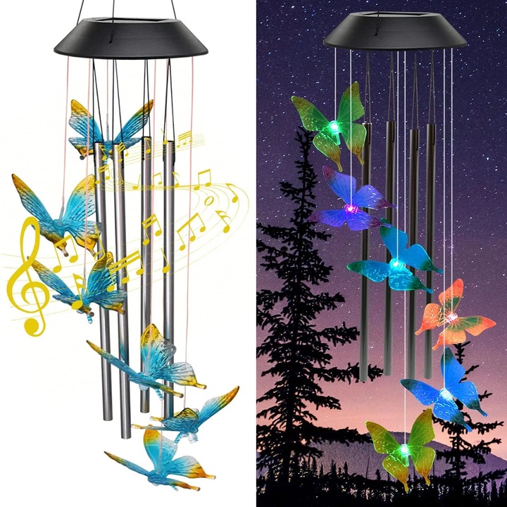 Clopotei de vant solari HERUSI cu tuburi metalice, lumini LED schimbatoare 7 culori, 28x28cm