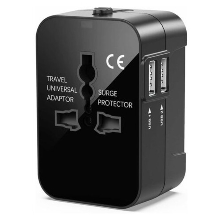 Универсален адаптер за пътуване Herusi, 2 USB, компактен, 7.7x5x3.9cm, бял