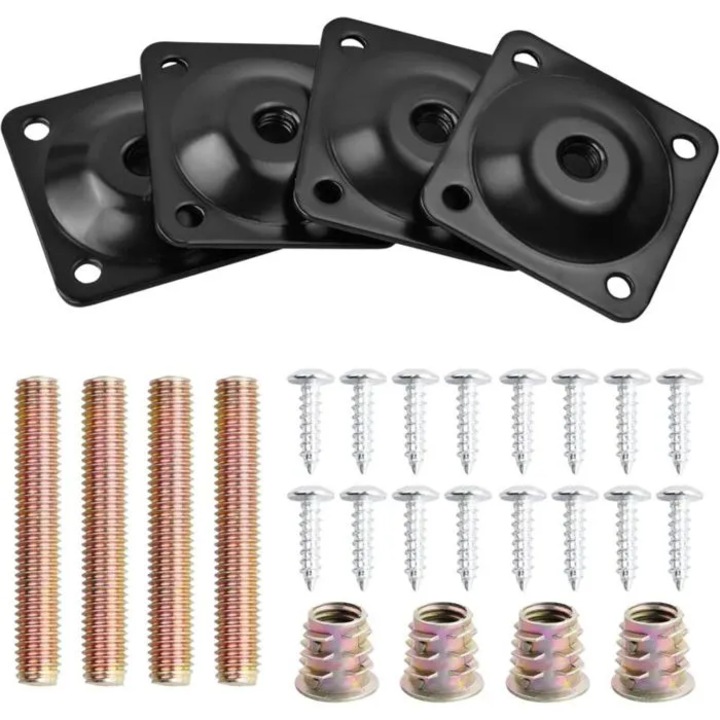 Set 4 placi metalice montaj picioare mobilier HERUSI negru argintiu