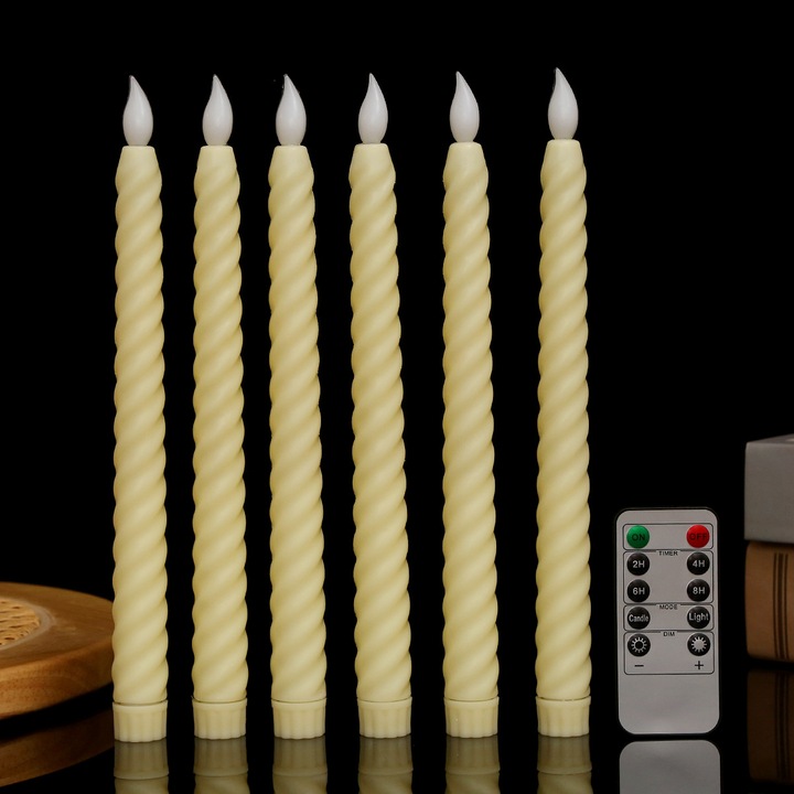 Set 6 lumanari conice HERUSI LED, telecomanda, temporizator, alb cald, 24.5cm