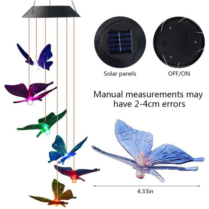 HERUSI szolár szélcsengő kolibri LED színváltós vízálló 30x10cm