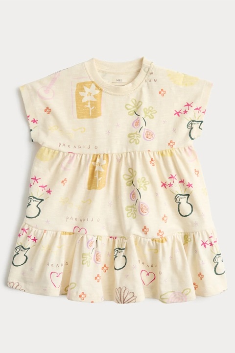 Marks & Spencer, Rochie evazata din bumbac, Negru/Galben pastel