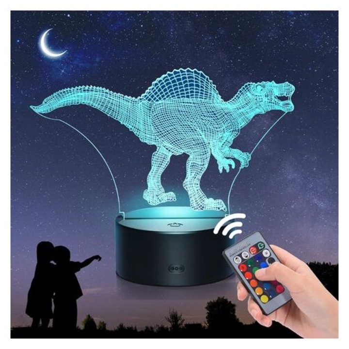 Детска нощна лампа HERUSI Spinosaurus 3D акрил 36V дистанционно 195мм многоцветна