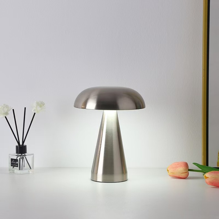 Lampa de masa HERUSI ciuperca, metal periat, LED cald, 15x21cm, fara fir
