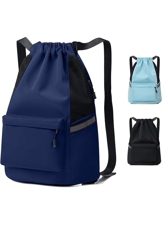 Sport hátizsák húzózsinórral 45x30x15 cm 25-35l vízálló oxford, fényvisszaverő csíkok, 5 zseb, edzőterembe, jógához, kempingezéshez, férfiaknak, nőknek, sötétkék