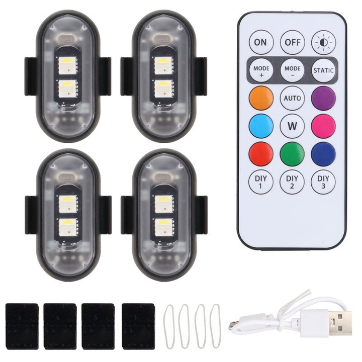 Set 4 lumini LED auto wireless HERUSI, telecomanda, USB, multicolor, universal