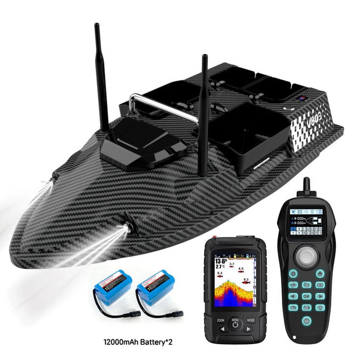 Лодка за захранка RC, V803 Pro, Вграден сонар и GPS, Двойна батерия 2x12000mAh (24000mAh), Обхват 500 м, Товароносимост 3 кг, Дълбочина на засичане 100 м, Черна