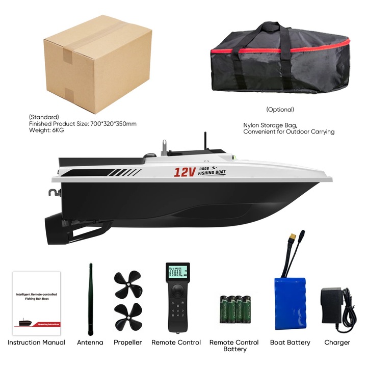 GPS лодка за захранка, RC лодка, 3 кг товароносимост, 500 м обхват, 2,4 GHz дистанционно управление, GPS автоматично връщане, 100 точки на маршрут, LED за нощно виждане, Бяла