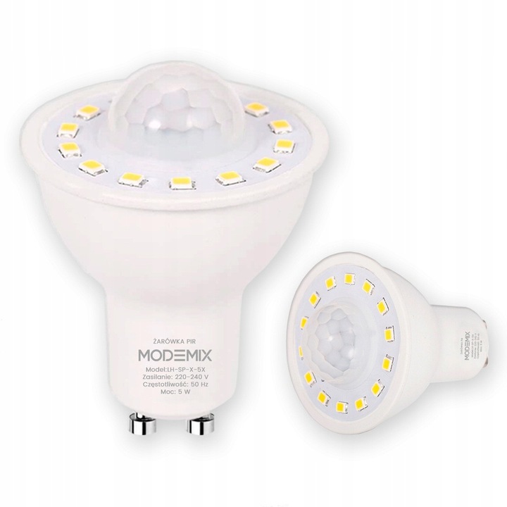 Bec LED cu Senzor de Miscare si Crepuscular, 5W, Dulie GU10, Lumina Calda 3000K, Eficient Energetic