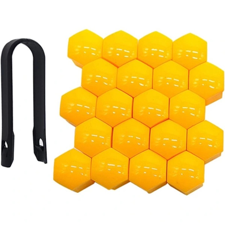 20 darabos készlet, univerzális 17 mm-es kerékanyavédő sapkák, hatszögletű, rozsda- és porálló, szétszerelő szerszámmal, Sárga