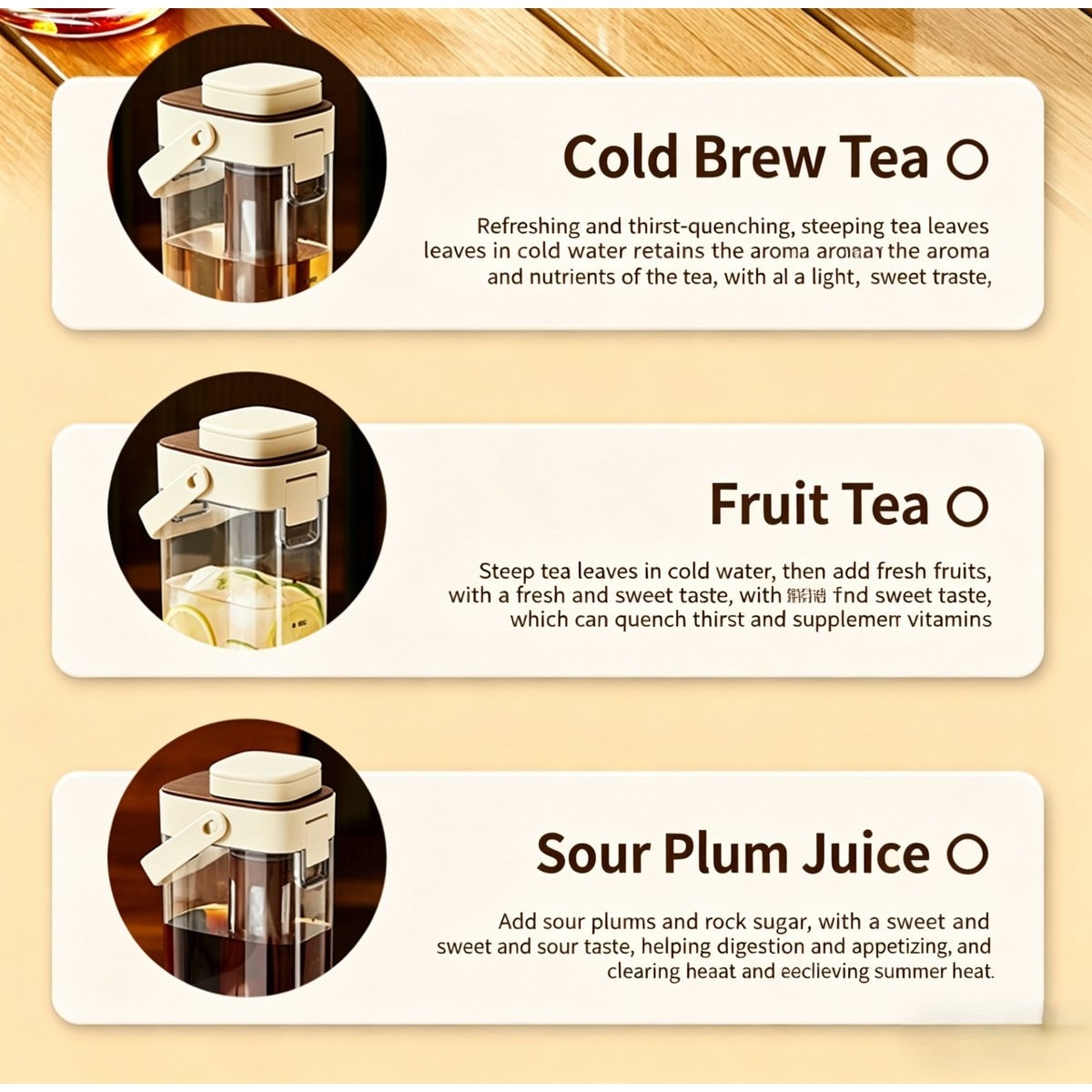 Cana cold brew K0443-emagCJ-27019, plastic durabil cu capac etans si maner pliabil, bej/maro, 1000 ml