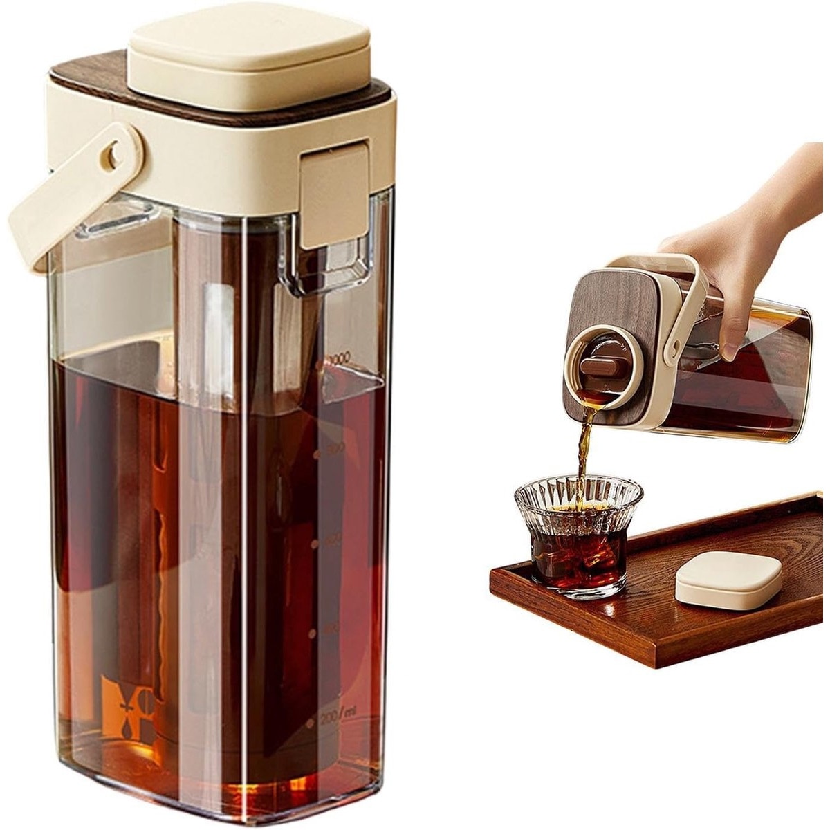Cana cold brew K0443-emagCJ-27019, plastic durabil cu capac etans si maner pliabil, bej/maro, 1000 ml