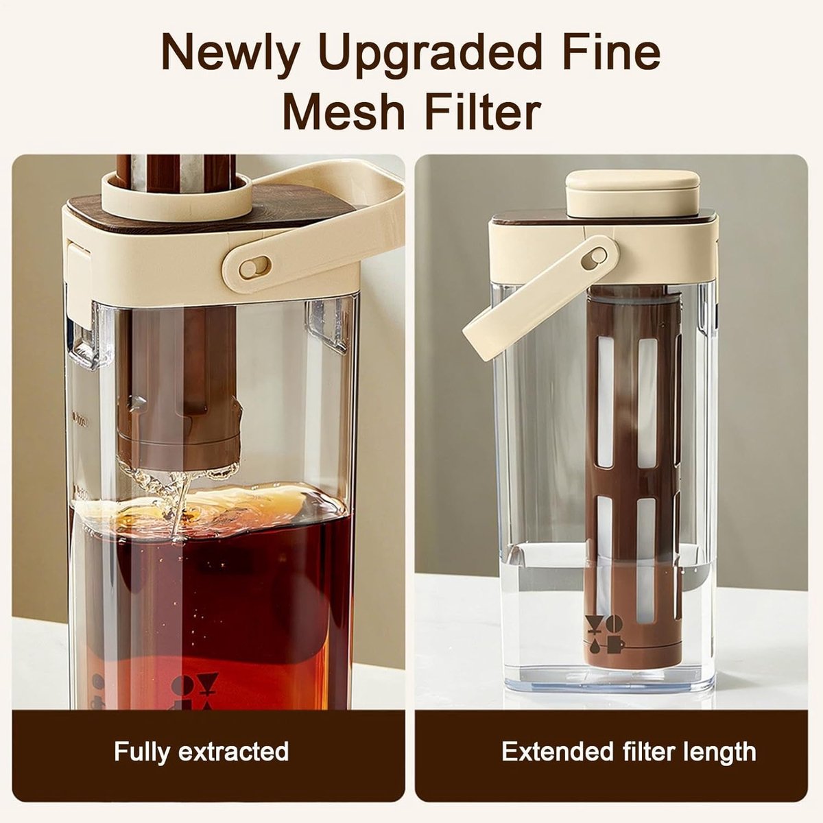 Cana cold brew K0443-emagCJ-27019, plastic durabil cu capac etans si maner pliabil, bej/maro, 1000 ml