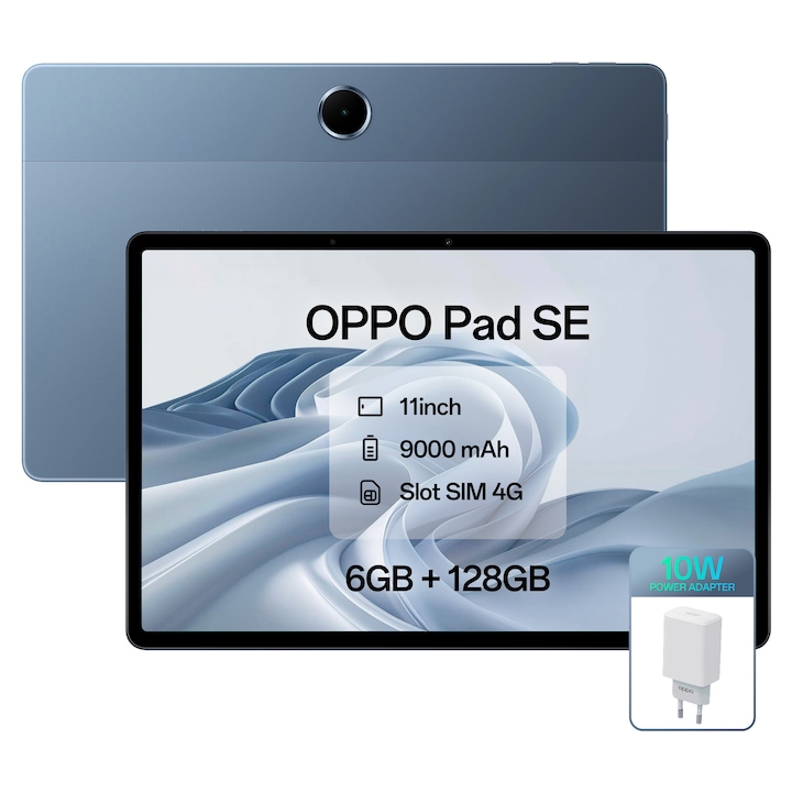Tableta OPPO Pad SE, 6GB RAM, 128GB, Tableta cu SIM, Android, 4G LTE, 11inch, 90Hz, Baterie 9340mAh, Twilight Blue + Incarcator OPPO 10W