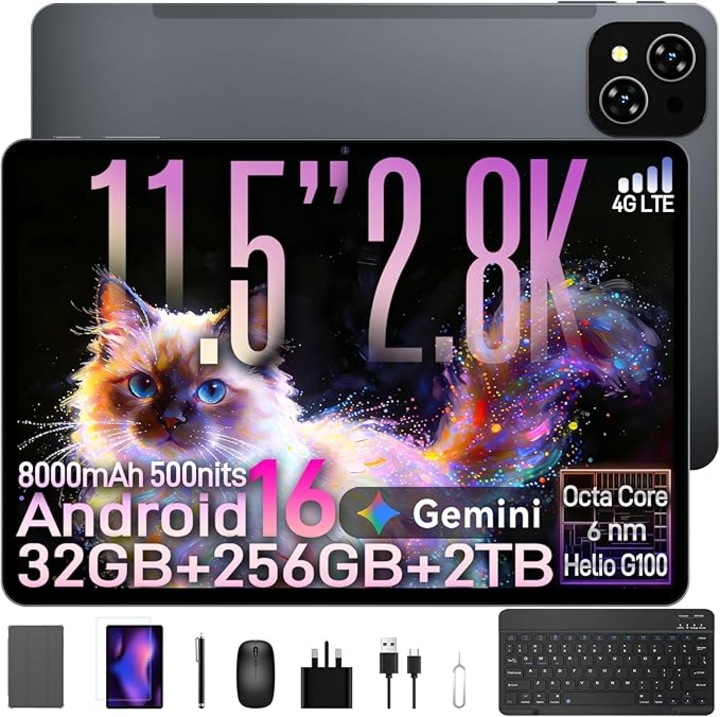 Tableta 2026 T12 Pro Android 16 Cele mai recente, 11.5 inch cu afisaj HD + IPS, 32GB RAM + 256GB ROM / 2TB TF, Gemini AI 2.0, Helio G100 6nm octa-core, 5G WiFi, 8MP Camera, 8000mAh, Suporta cartela SIM, with Keyboard Pen, Gris