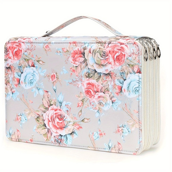 Penar organizator mare din twill oxford, pentru 120 creioane colorate, trei straturi, cu fermoar si bretea detasabila, gri cu imprimeu floral, 24x20x6.5 cm