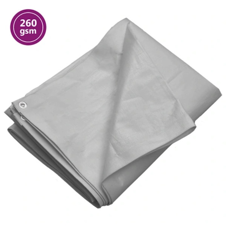 Ponyva/fólia, HDPE 260 g/m², vízálló, alumínium fűzőlyukakkal 50 cm-enként, szürke, 3 x 3 m