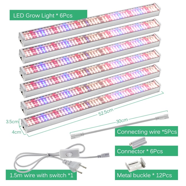 LED лампа за растеж Full Spectrum, Grow Light бар, Комплект 6 броя, AC100–265V, SMD2835, Спектър 4000K 660/730/395 nm, IP65 за оранжерия и палатка