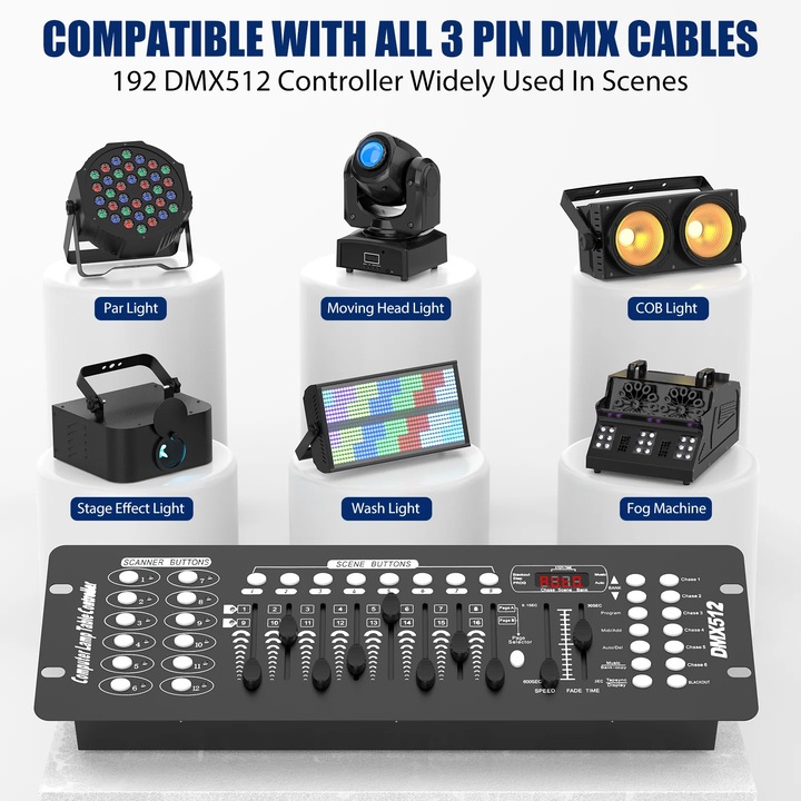 DMX512 контролер, Конзола за осветление 192 канала, За Moving Head, PAR и Wash, Захранване AC 100–240V, DC 12V 1A, ЕС щепсел