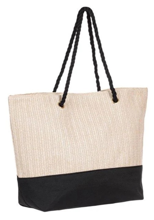 Geanta de plaja paie Ecru Negru 38x16x38cm pentru vara