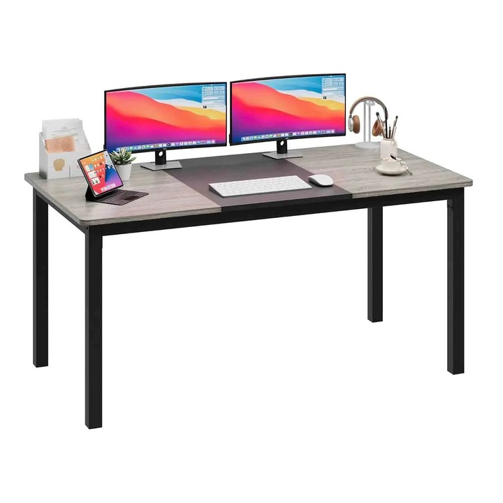 Birou, birou pentru computer si gaming, 160 cm dreptunghiular, blat din lemn, cadru metalic robust, compact, negru gri