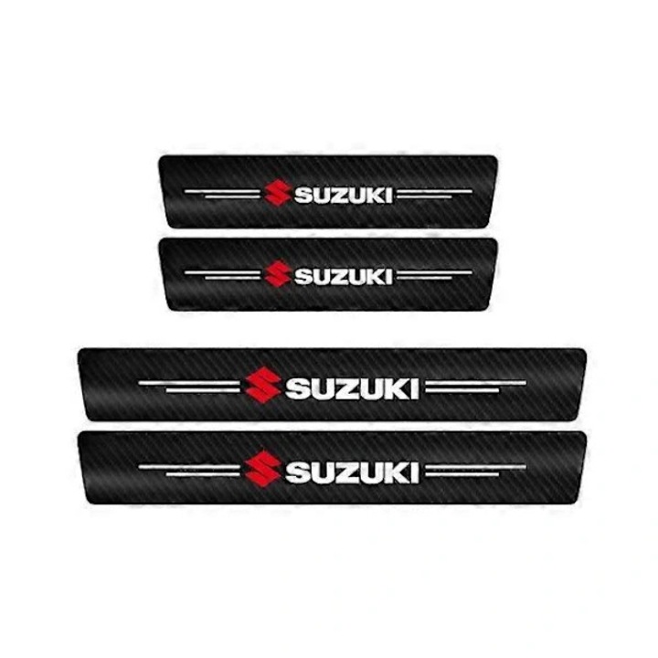 Set 5 bucati, autocolante praguri usi si protector bara spate, compatibil Suzuki Swift/Jimny/Vitara, din PVC fibra de carbon, protectie la zgarieturi, negru, 60x7 cm (2), 40x7 cm (2), 90x7 cm (1)