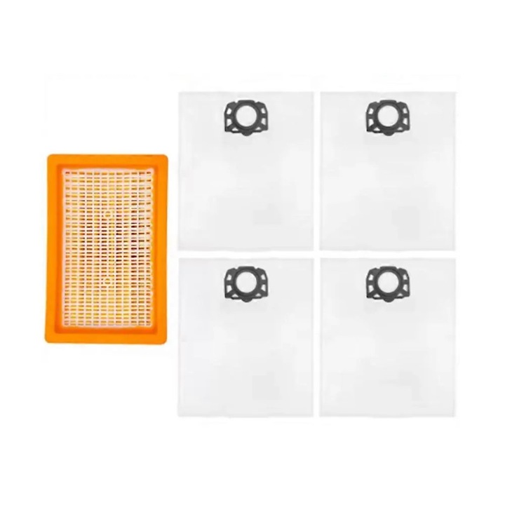 Set consumabile aspirator pentru Karcher MV4/MV5/MV6/WD4/WD5/WD6/WD5P/WD6P, filtru durabil, 4 saci din material netesut cu sigiliu inovator, alb/portocaliu, 1 filtru + 4 saci