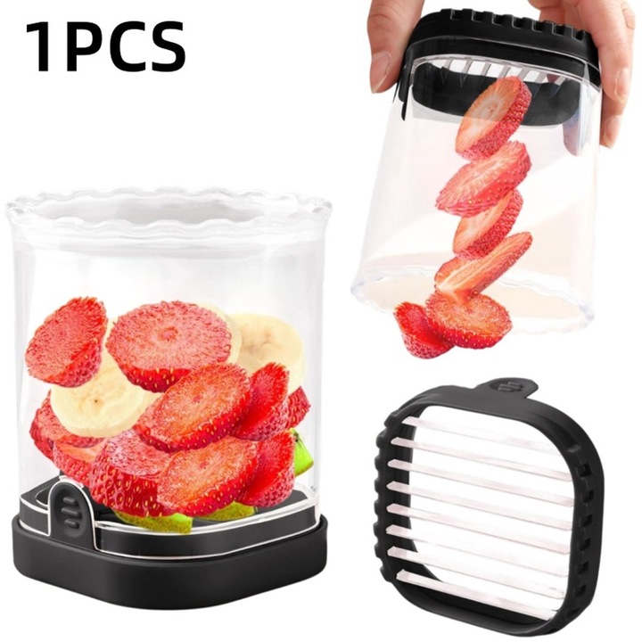 Feliator pentru fructe si legume, taietor de capsuni cu 8 lame din otel inoxidabil 304, lama detasabila, cupa ABS transparenta, portii de 6 mm, Negru, 1 buc