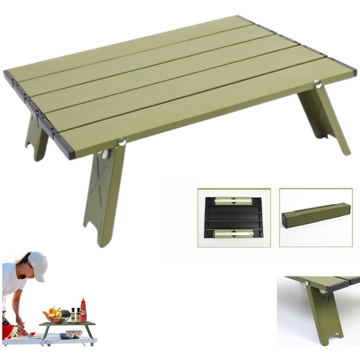 Masa pliabila camping, masa portabila din aliaj de aluminiu, ultrausoara 0,6 kg, compacta pliata 39 x 7 x 6 cm, cu husa de transport, verde, 1 buc