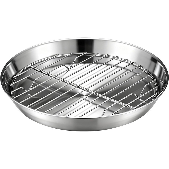 Tava de copt pentru friteuza cu aer, tava pentru air fryer, din otel inoxidabil 304, cu grilaj detasabil si colturi rotunjite, argintiu, 20 cm