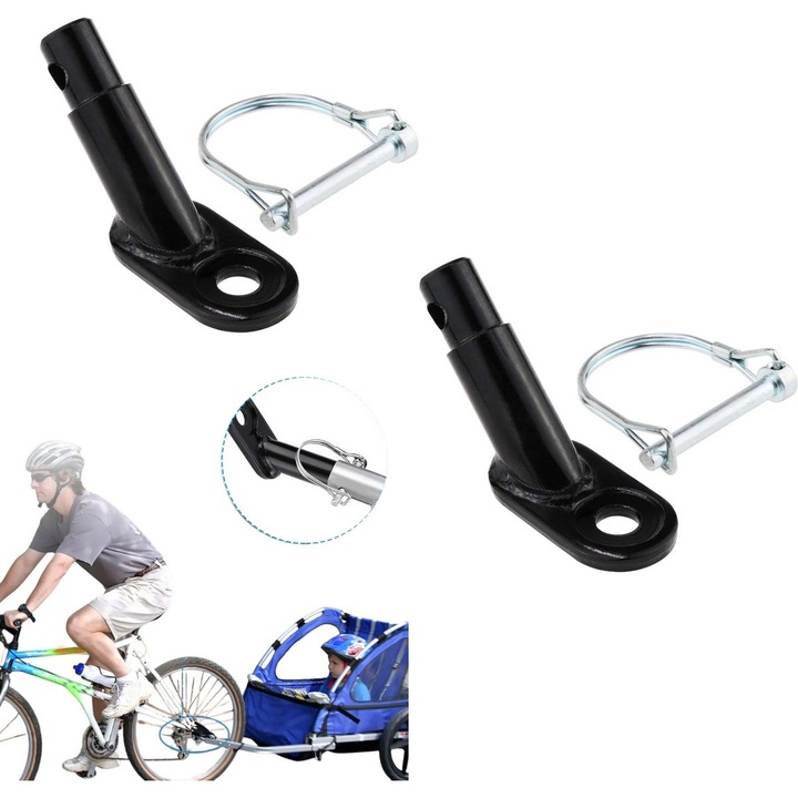 Kerékpár utánfutó csatlakozó adapter, gyermek utánfutó csatlakozó, strapabíró fém biztonsági csappal, 11/7 mm furatok, 55 mm alaplap, fekete, 2 darabos szett