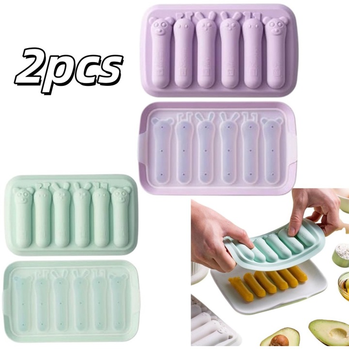 2 darabos szett, szilikon forma/tálca virslihez és hot doghoz, fedéllel és 6 állatfejes üreggel, tapadásmentes és rugalmas, sütőbe, mikrohullámú sütőbe, fagyasztóba és mosogatógépbe is alkalmas, lila/zöld, 18x10.8x3.8 cm
