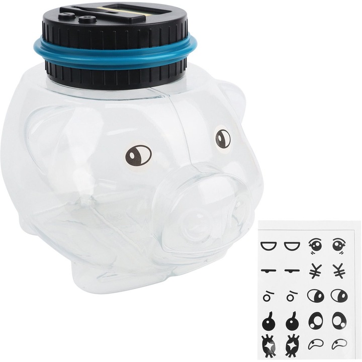 Pusculita digitala / cutie de economii cu contor pentru euro, cu afisaj LCD, ajustare manuala, capacitate 800-1000 monede, include abtibilduri, negru