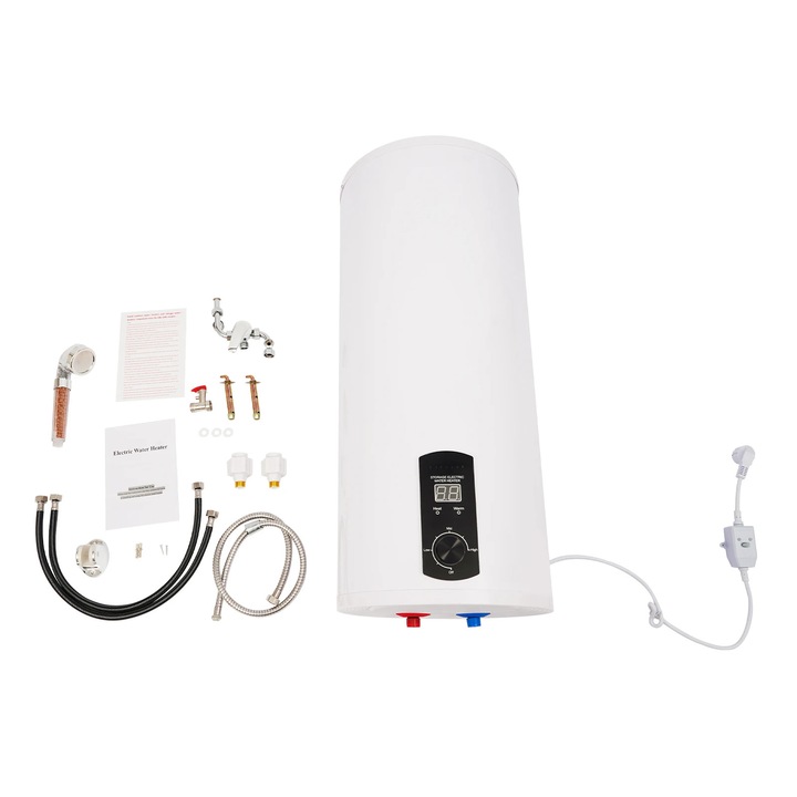 Villanybojler melegvízhez 60L, Függőleges modell, 2000W 220V, Kézizuhany és csaptelep, IPX4 szivárgásvédelem, Fehér