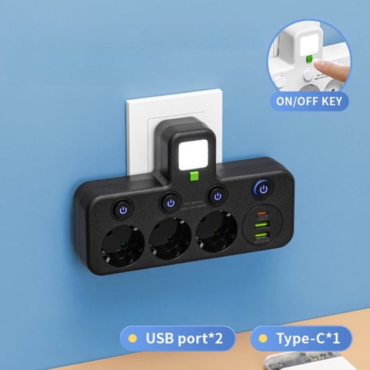 Мултифункционален разклонител (мултиконтакт) с 3 контакта, 2 USB-A порта и 1 Type-C порт, с индивидуални превключватели, нощна лампа, за монтаж на стена и бюро, огнеупорен ABS, черен, 1 бр.