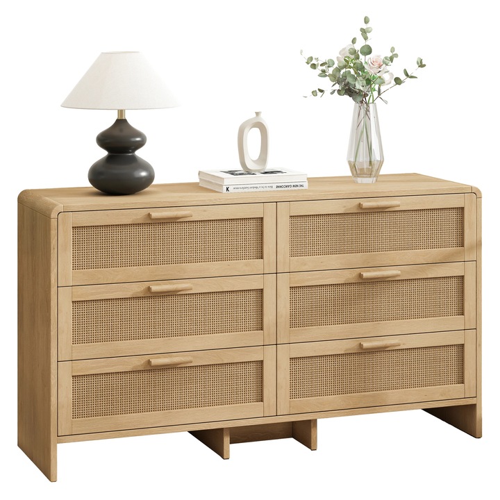 Rattan sarokszekrény, komód, 6 fiók, íves sarokkialakítás, 130 cm, bambusz keret, összeszerelést igényel