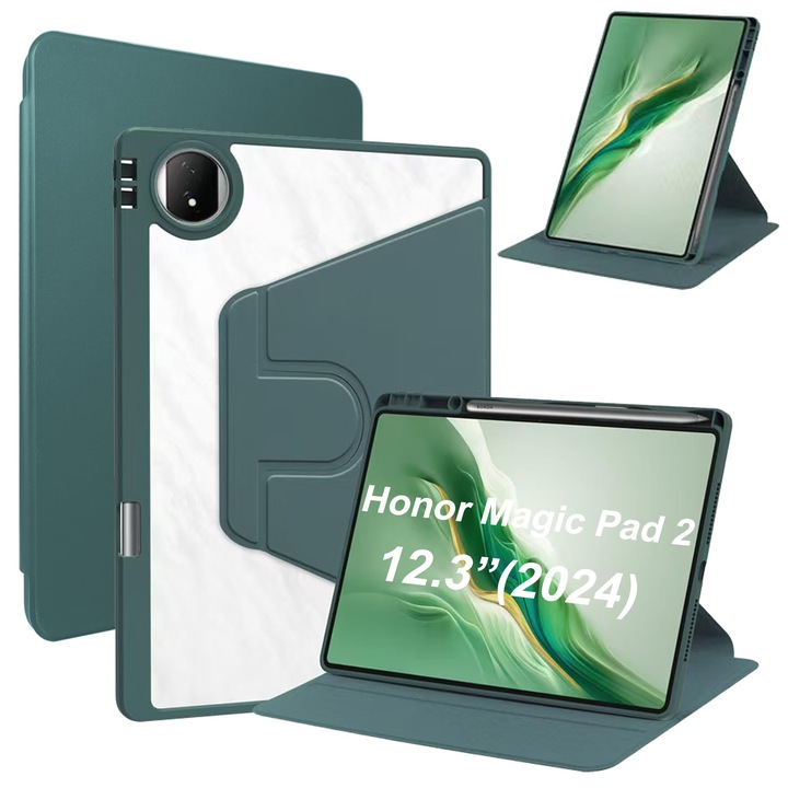 Husa Tableta, Lemxiee Pentru Honor Magic Pad 2, Stand Rotativ 360 Grade, Suport Stilou, Piele PU Si Acrilic Transparent