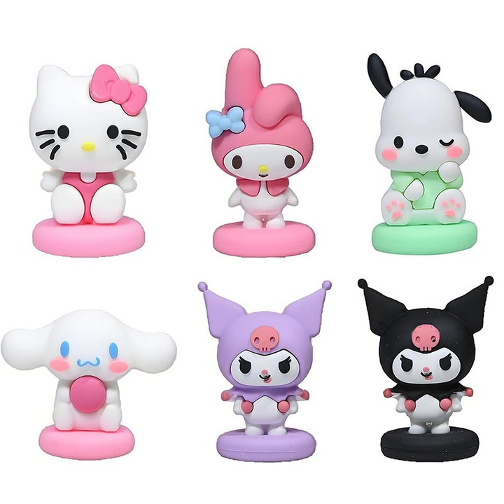 Egy szett 6 aranyos anime figurából, 5 cm magasak, köztük Kuromi és Hello Kitty