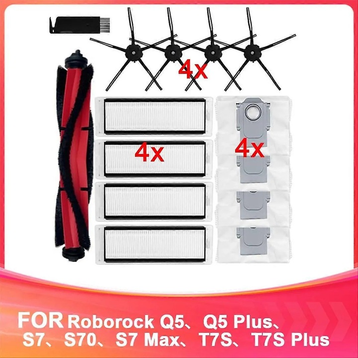 Set piese de schimb compatibile Roborock Q5/Q5 Plus/S7/S70/S7 Max/T7S/T7S Plus, perie principala, 4 perii laterale, 4 filtre HEPA (99.97%), 4 saci de praf, perie curatare, Multicolor, 1 set