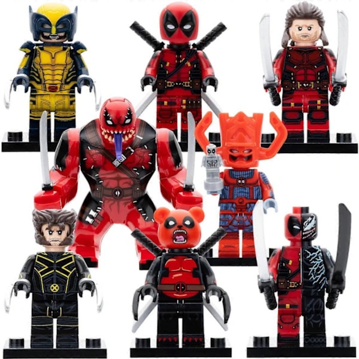 Комплект от 8 броя, минифигурки/фигурки Deadpool x Wolverine Multiverse Variants, с аксесоари оръжия, ABS пластмаса, в запечатани пликове, Размери 4.5x2.6x1.4 см, Многоцветен