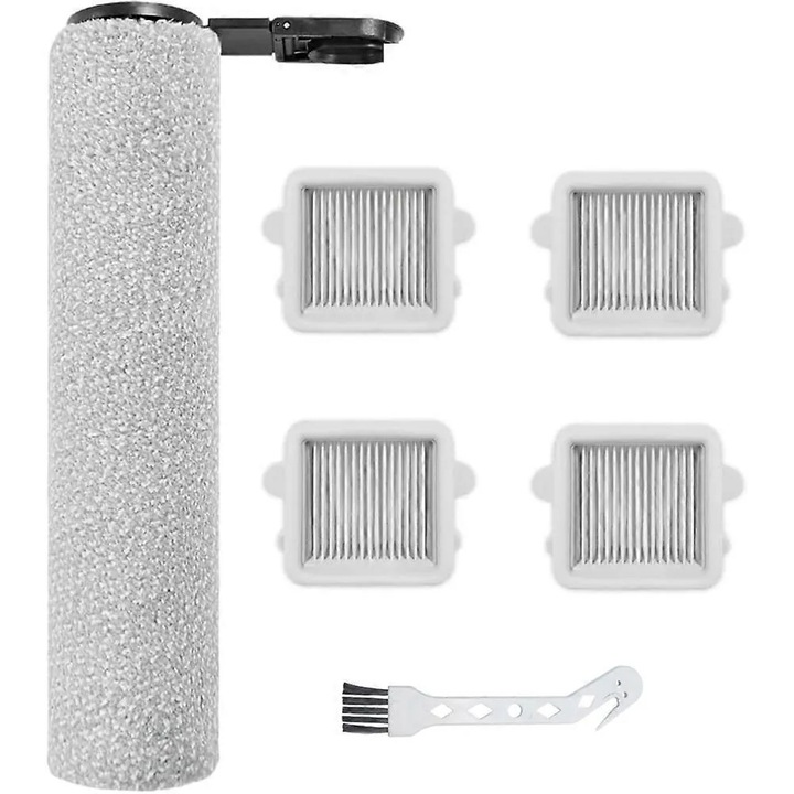 Set perie roller si filtre HEPA compatibil Roborock F25/F25 LT/F25 RT/F25 ACE/F25 ALT, perie roller cu banda de cauciuc, 4 filtre HEPA, perie de curatare inclusa, alb/gri, 1 set